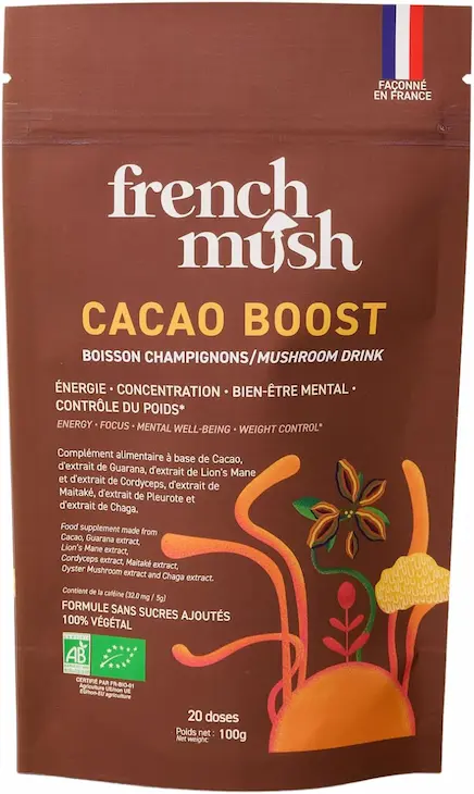 Cacao bio aux 5 champignons adaptogènes Lion's Mane, Cordyceps, Chaga, Maïtake, Pleurote