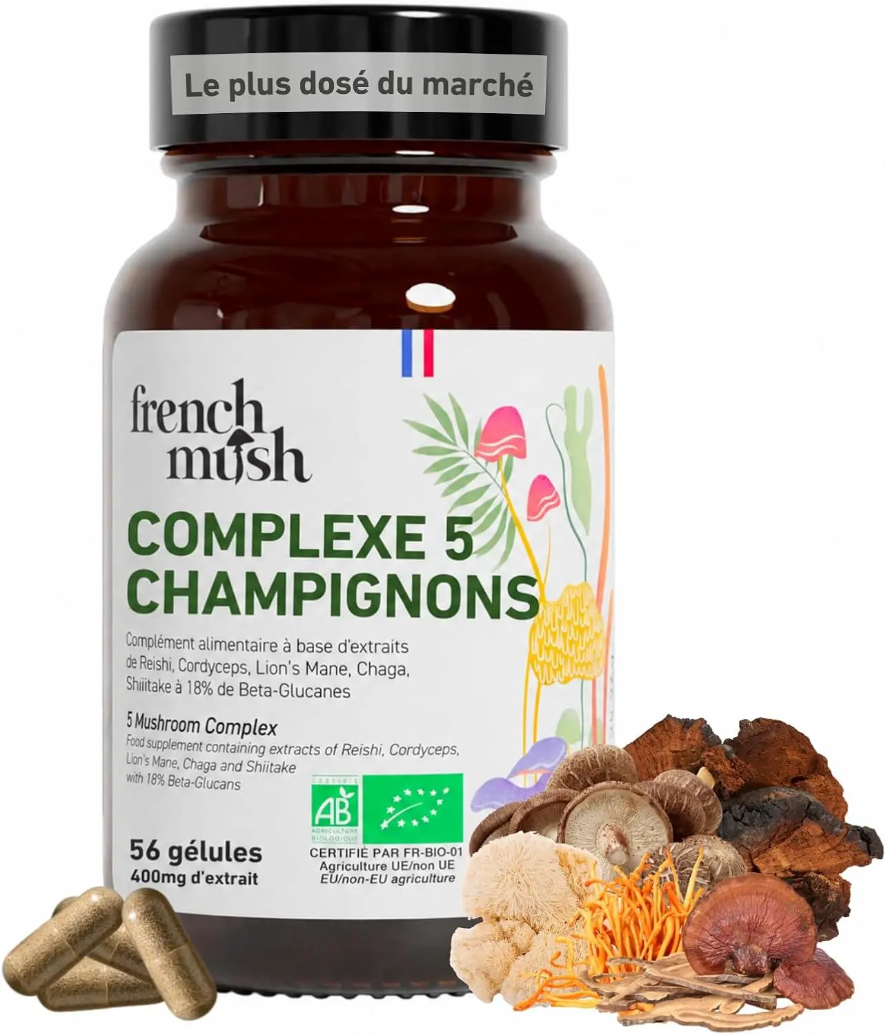 Complexe 5 champignons bio en gélules French Mush pour l'immunité