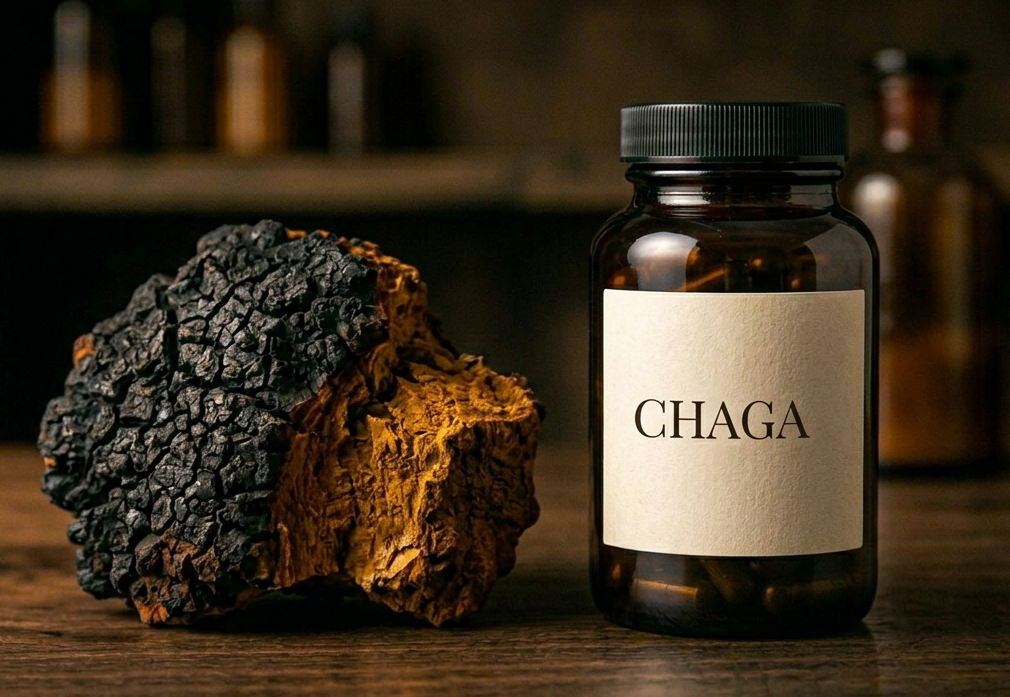 Chaga bienfaits — morceau de champignon chaga brut et gélules d'extrait certifié bio