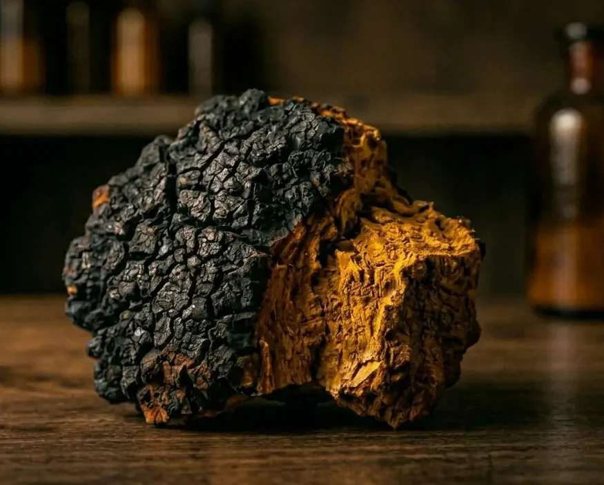 Chaga brut Inonotus obliquus — masse noire rugueuse avec intérieur doré caractéristique