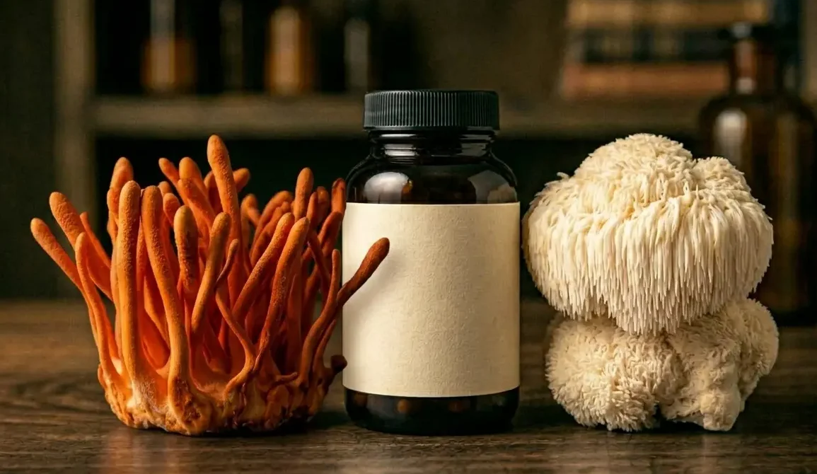 Champignons adaptogènes Cordyceps et Lion's Mane avec gélules sur bois sombre pour lutter contre la fatigue