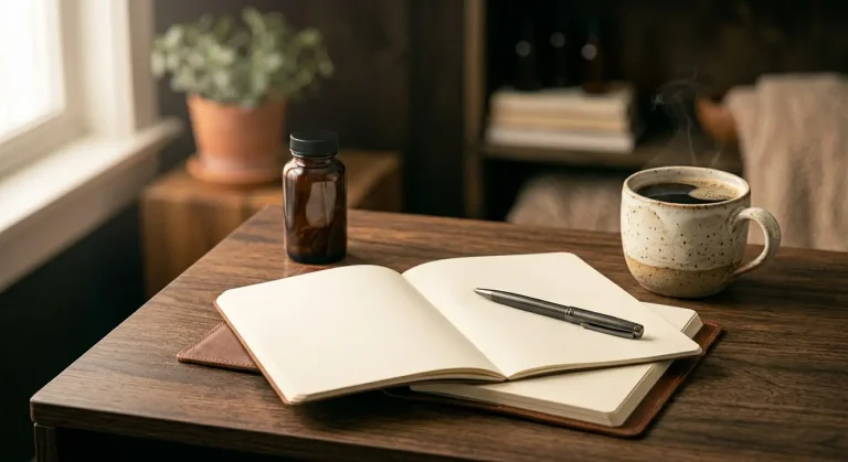 Bureau épuré avec cahier et café, complément champignon mémoire concentration en arrière-plan
