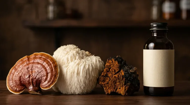 Assortiment de champignons adaptogènes frais et gélules d'extrait sur bois sombre