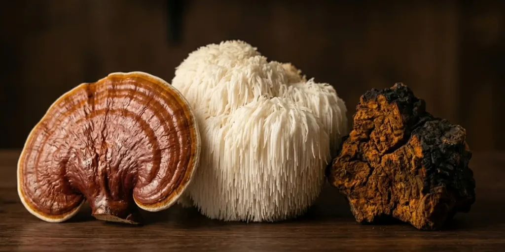 Reishi, Lion's Mane, Chaga — les principaux champignons adaptogènes Trois champignons adaptogènes frais — Reishi, Lion's Mane et Chaga — sur bois sombre