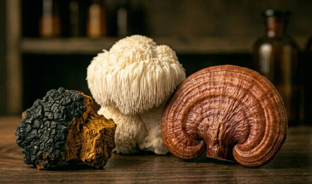 Reishi, Lion's Mane et Chaga frais sur bois sombre — quel champignon adaptogène choisir