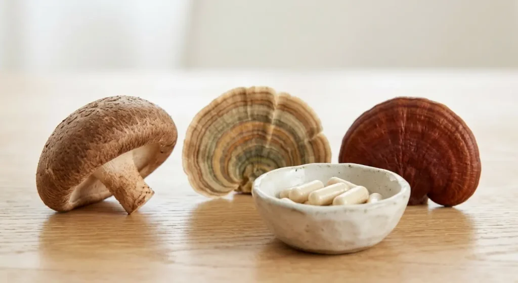 champignons immunité Shiitaké Trametes et Reishi sur bois clair