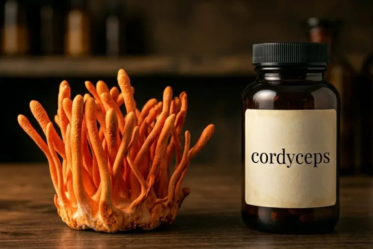 Cordyceps bienfaits — champignon Cordyceps militaris frais et gélules d'extrait corps fructifère