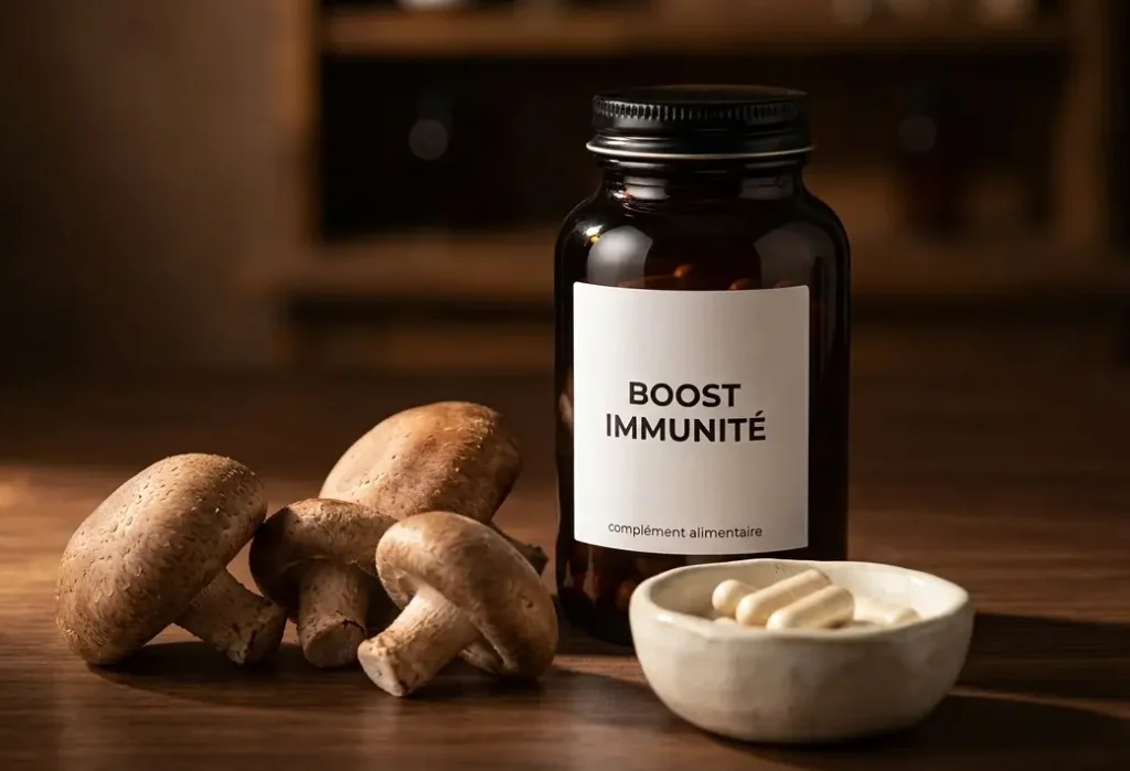 champignons immunité - Flacon boost immunité et gélules dans un bol en céramique sur bois sombre