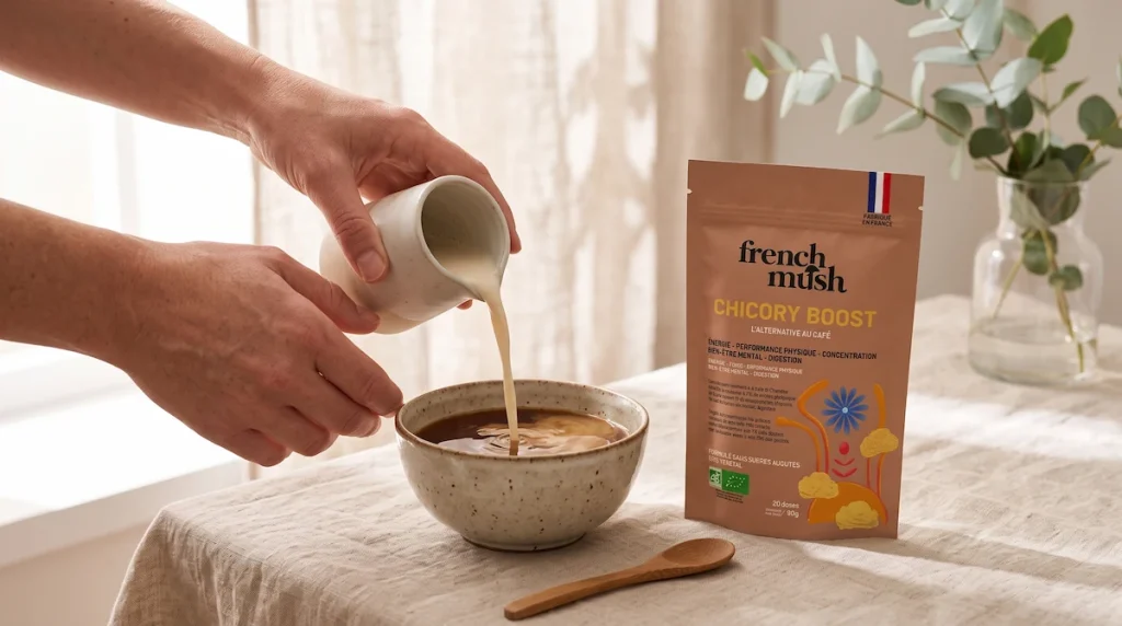 French Mush avis : Chicory Boost préparé avec un lait végétal