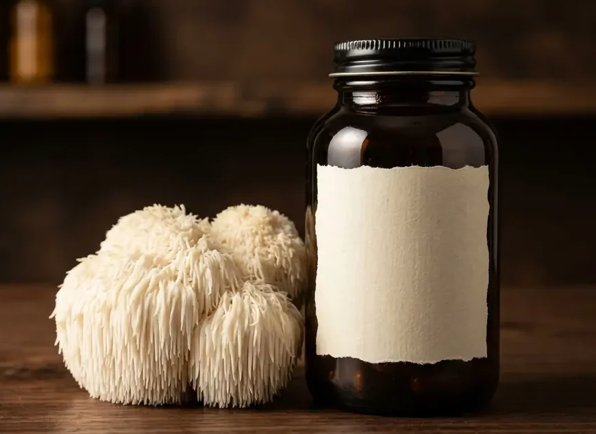 Lion's Mane bienfaits — champignon crinière de lion frais et flacon de gélules