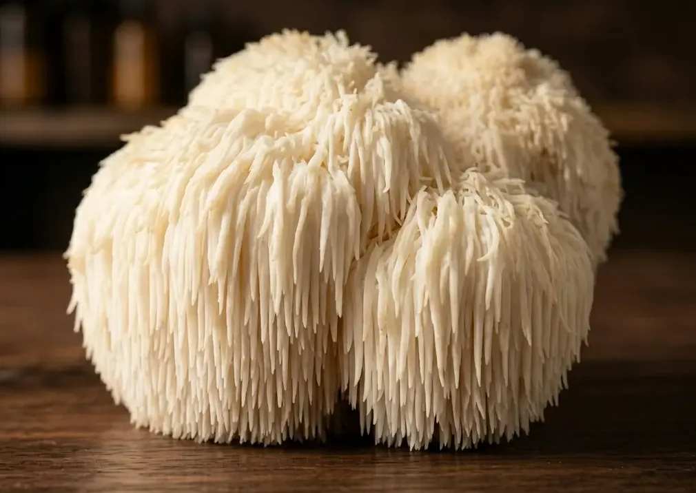 Lion's Mane champignon frais — corps fructifère sur bois noyer