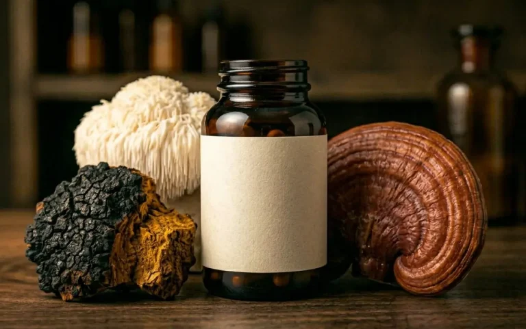 Assortiment de champignons adaptogènes frais et gélules pour choisir le bon extrait