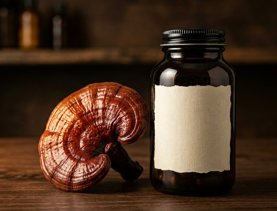 Reishi bienfaits — champignon Ganoderma lucidum frais et gélules d'extrait corps fructifère