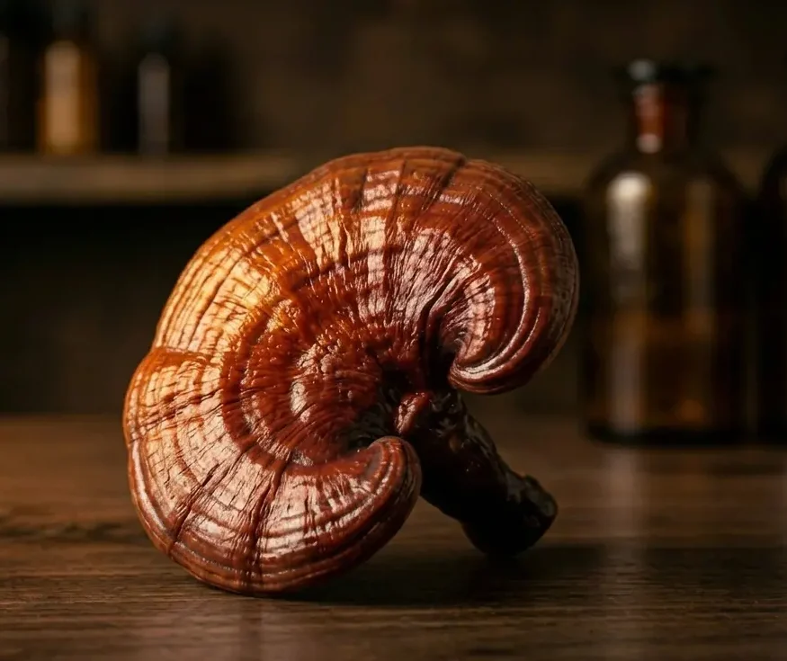 Corps fructifère de Reishi — chapeau rouge-brun laqué caractéristique du Ganoderma lucidum