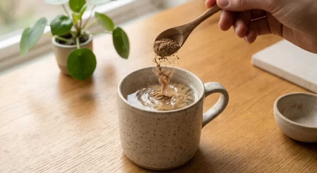 café bonjour avis : Préparation du café Bonjour aux champignons adaptogènes dans une tasse