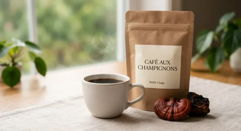 Tasse de café champignon fumante avec sachet kraft et champignons adaptogènes