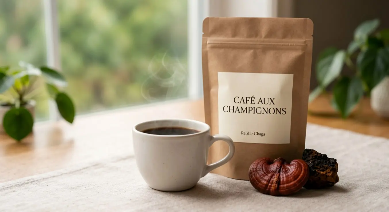 Tasse de café champignon fumante avec sachet kraft et champignons adaptogènes