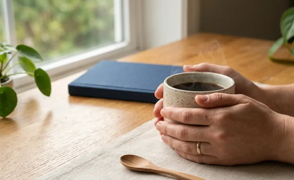 Café champignon — les bienfaits au quotidien Mains tenant une tasse de café champignon lors d'une pause matinale
