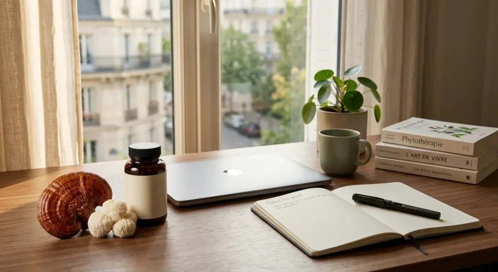 Reishi et Lion's Mane sur un bureau apaisé, champignon stress