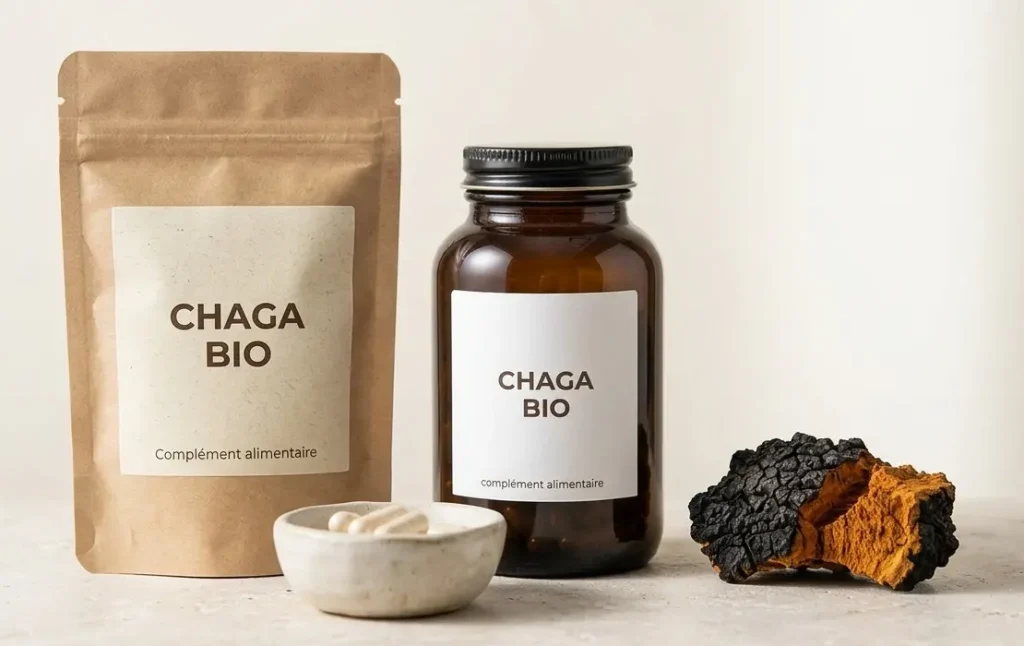 Comparatif meilleur Chaga — flacon gélules, sachet poudre et morceau séché