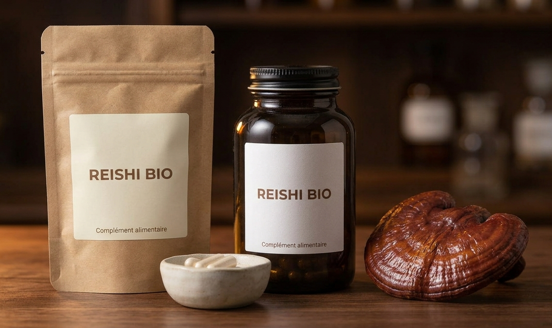 Comparatif Reishi — extrait bio double extraction gélules et poudre Comparatif des meilleurs formats de Reishi — flacon gélules, sachet poudre et champignon frais