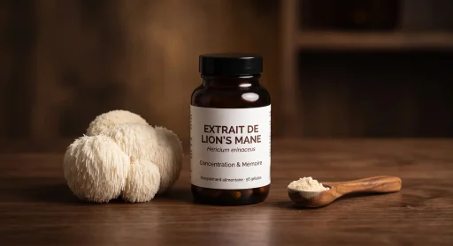 lion's mane dosage : Flacon de gélules de Lion's Mane et cuillère de poudre pour le dosage quotidien