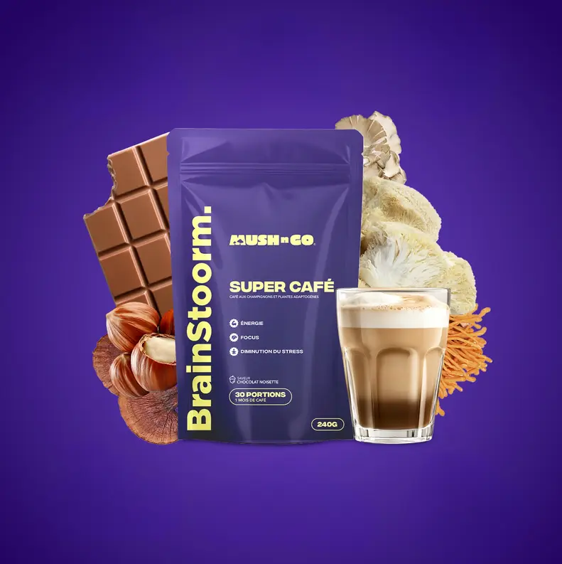 Café aux champignons adaptogènes saveur choco-noisette MushNGo Super Café, formule la plus concentrée