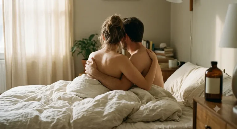 meilleur champignon pour la libido : Couple au réveil, flacon de complément pour la libido sur la table de nuit