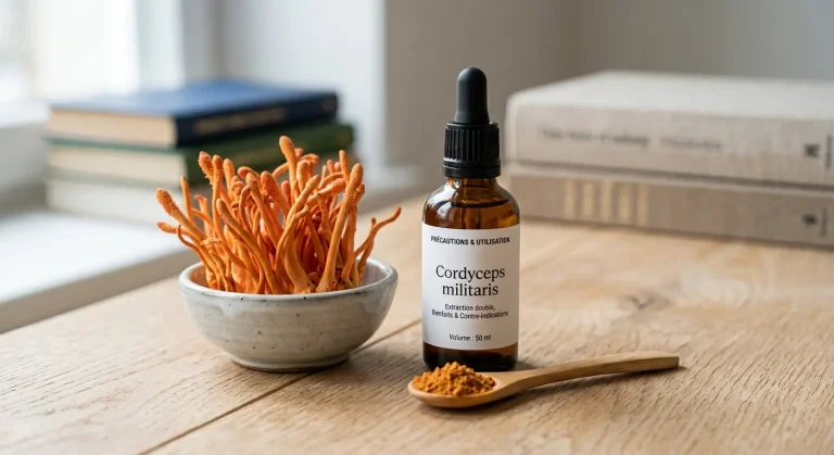 Cordyceps effets secondaires — champignon et flacon d'extrait sur bois clair