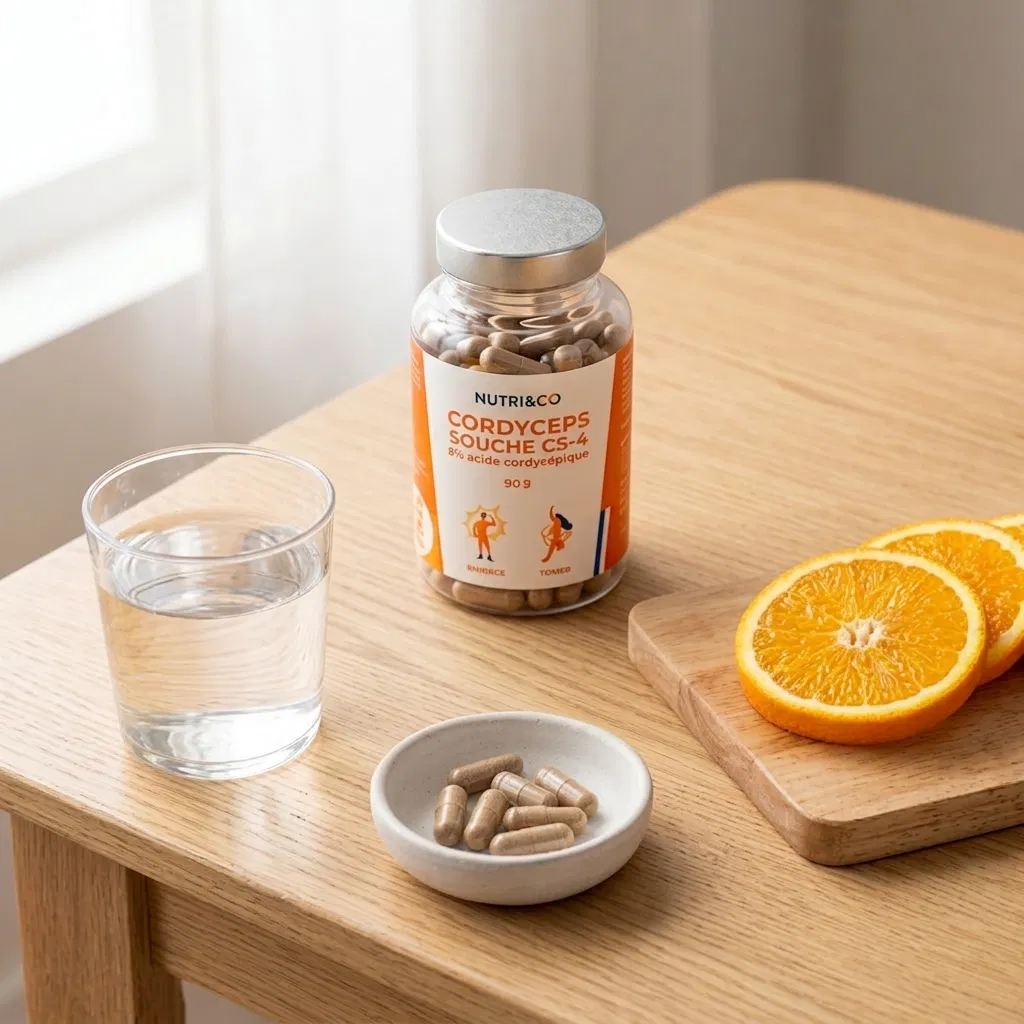 Gélules de Cordyceps Nutri&Co et verre d'eau pour l’énergie