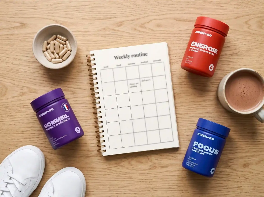 mushngo avis : Routine de cure MushNGo avec gélules, café aux champignons et carnet
