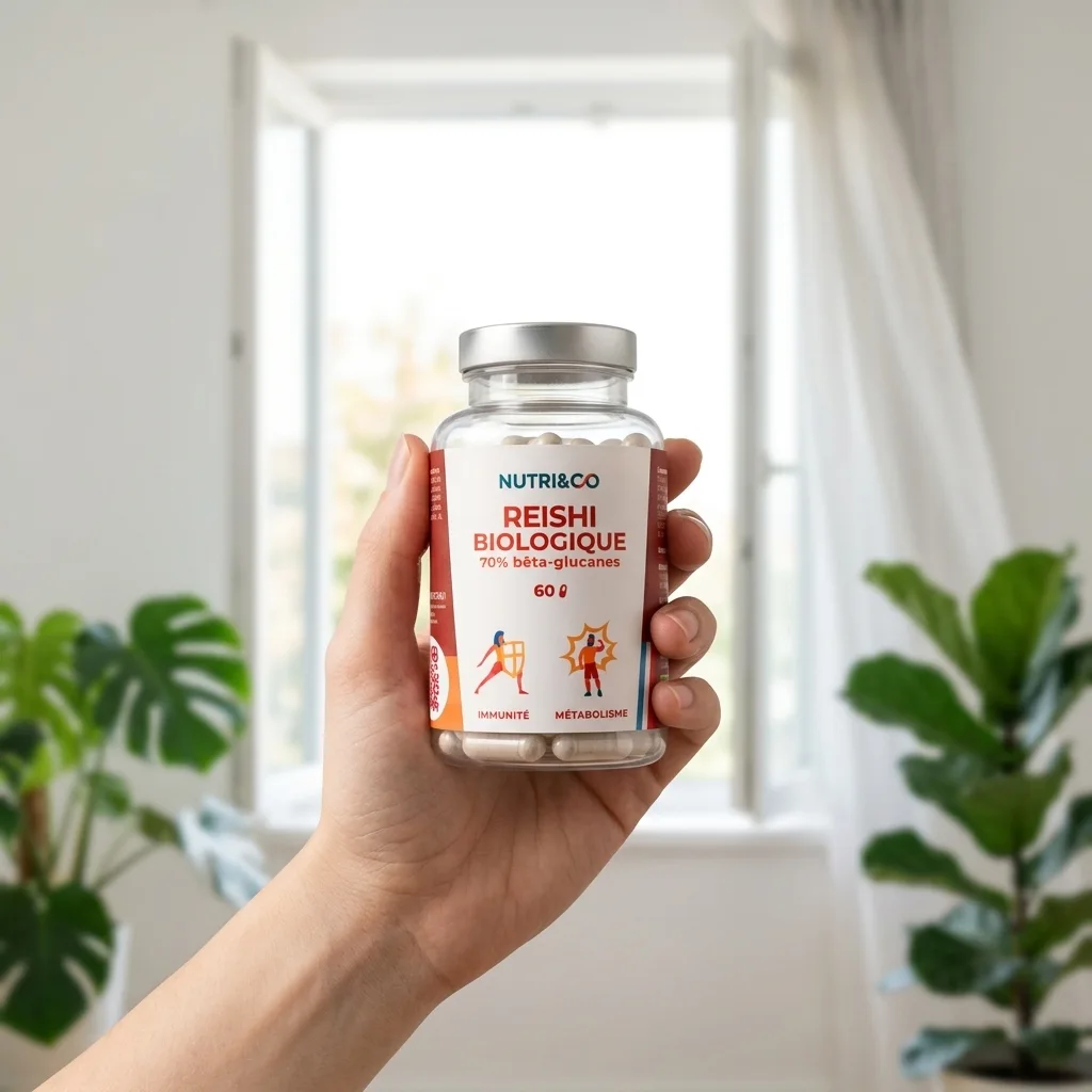 Reishi Nutri&Co immunité : main portant un pot de reishi nutriandco