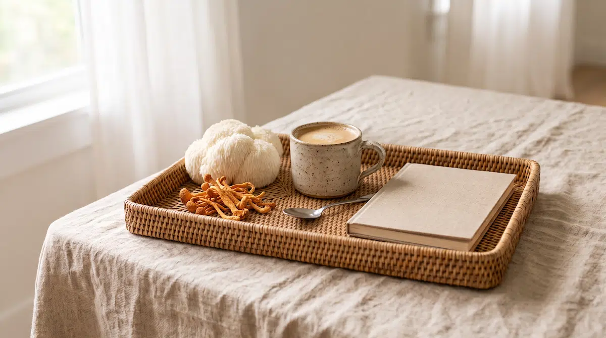 Café adaptogène : les champignons derrière la tasse Lion's Mane frais, Cordyceps séché et tasse de café adaptogène