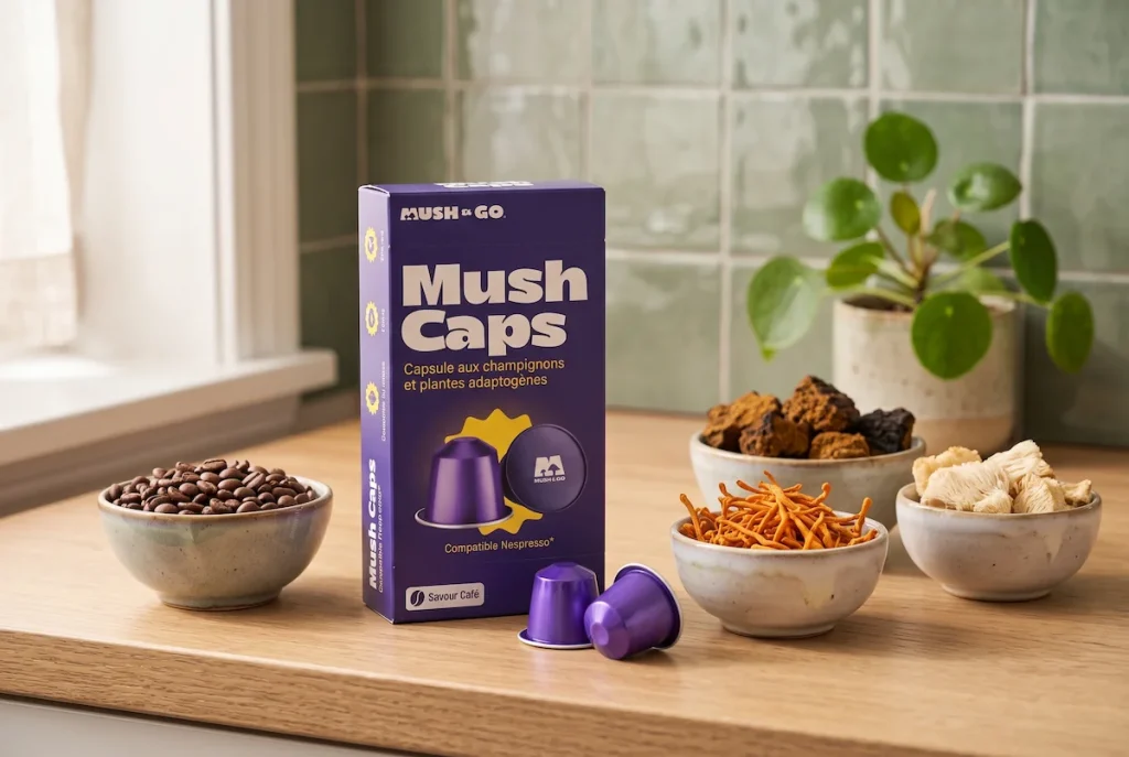 Café champignon capsule : ce qu'il y a dans la tasse Boîte de café champignon en capsule Mush Caps et bols de champignons séchés