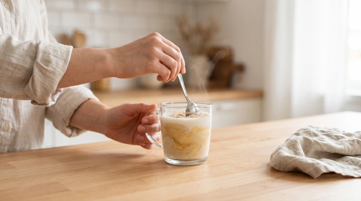 Café adaptogène : une préparation simple au quotidien Préparer un café adaptogène en poudre dans un mug en verre